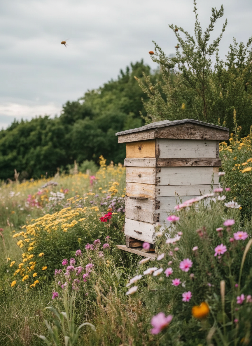 hi honey hive in a wildflower meadow