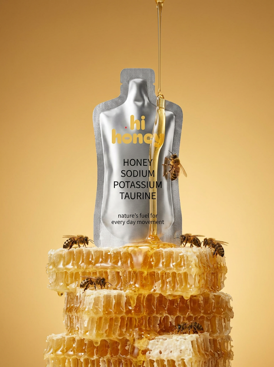 hi honey sachet on honeycomb tower with bees