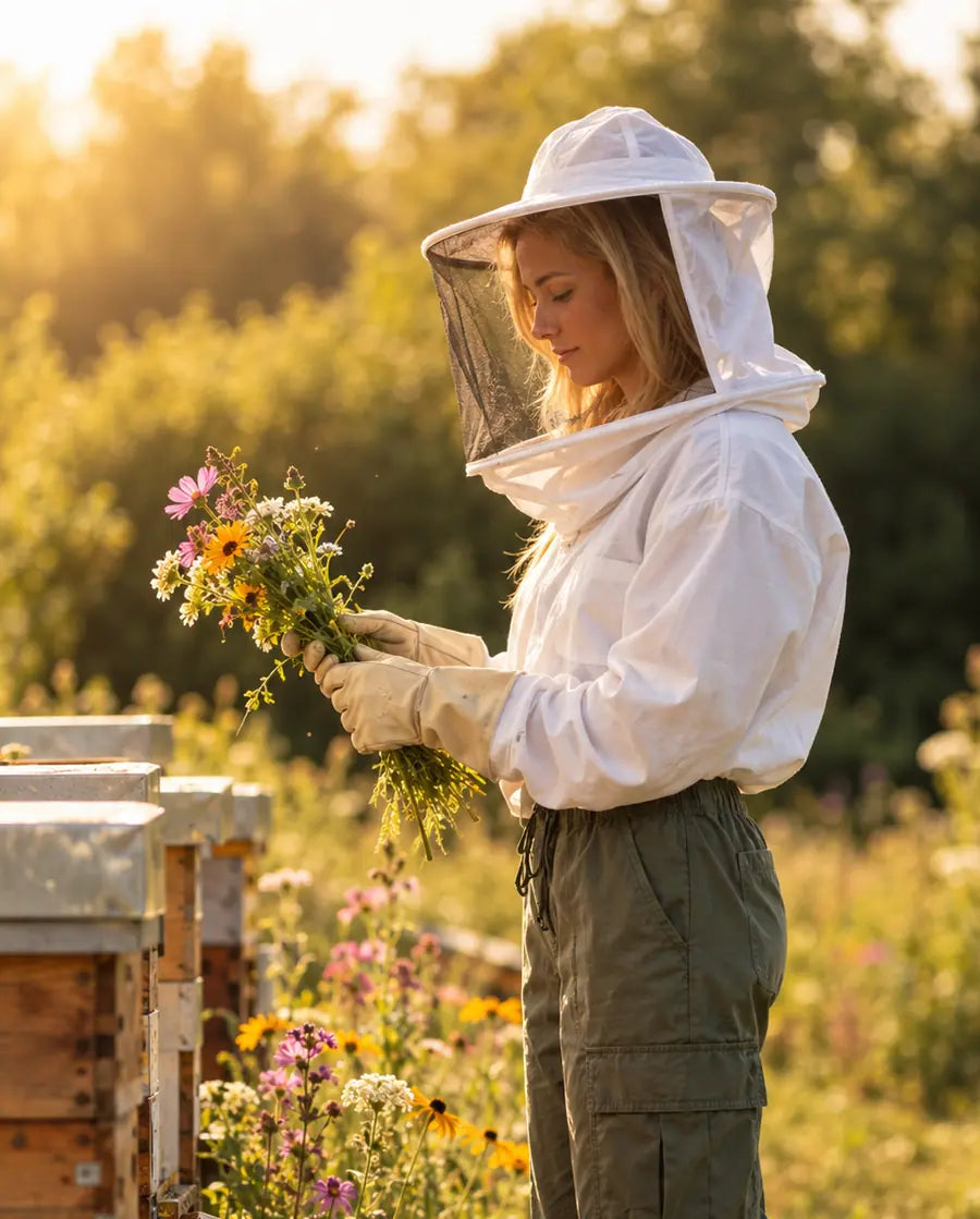 Isabelle, Gründerin von hi honey, am Bienenstock